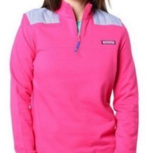 Vineyard Vines pink fleece pullover with blue and white striped shoulder detail